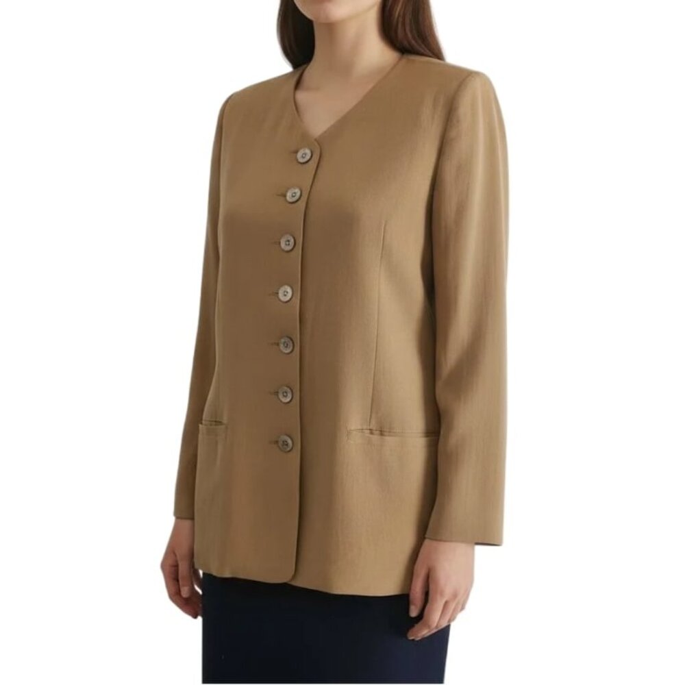 Vintage Adrienne Vittadini Petites Women 100% Silk Blazer Jacket Tan Lined 2
